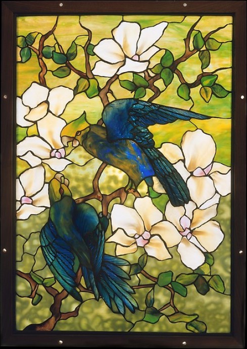 Tiffany glass hibiscus and parrots